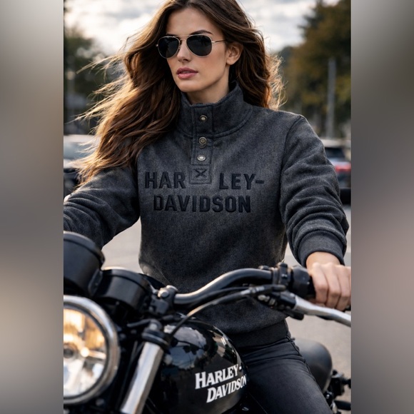 Harley-Davidson Mens Mock Neck Snap Pullover Sweatshirt Charcoal Herringbone L